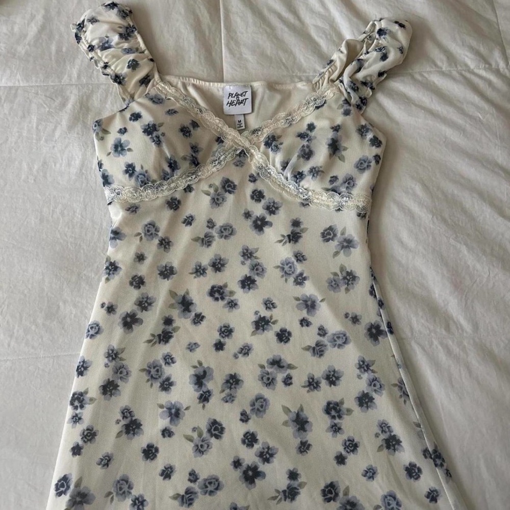 Floral Mini Dress in Cream and Blue